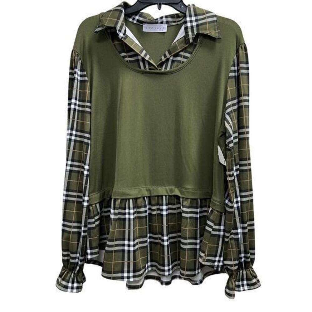 C’est La Vie Green teen plaid layered look Academia preppy blouse sz XL